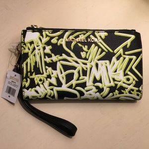 Michael Kors Graffiti Black & Neon Green Wallet/Wristlet, NWT